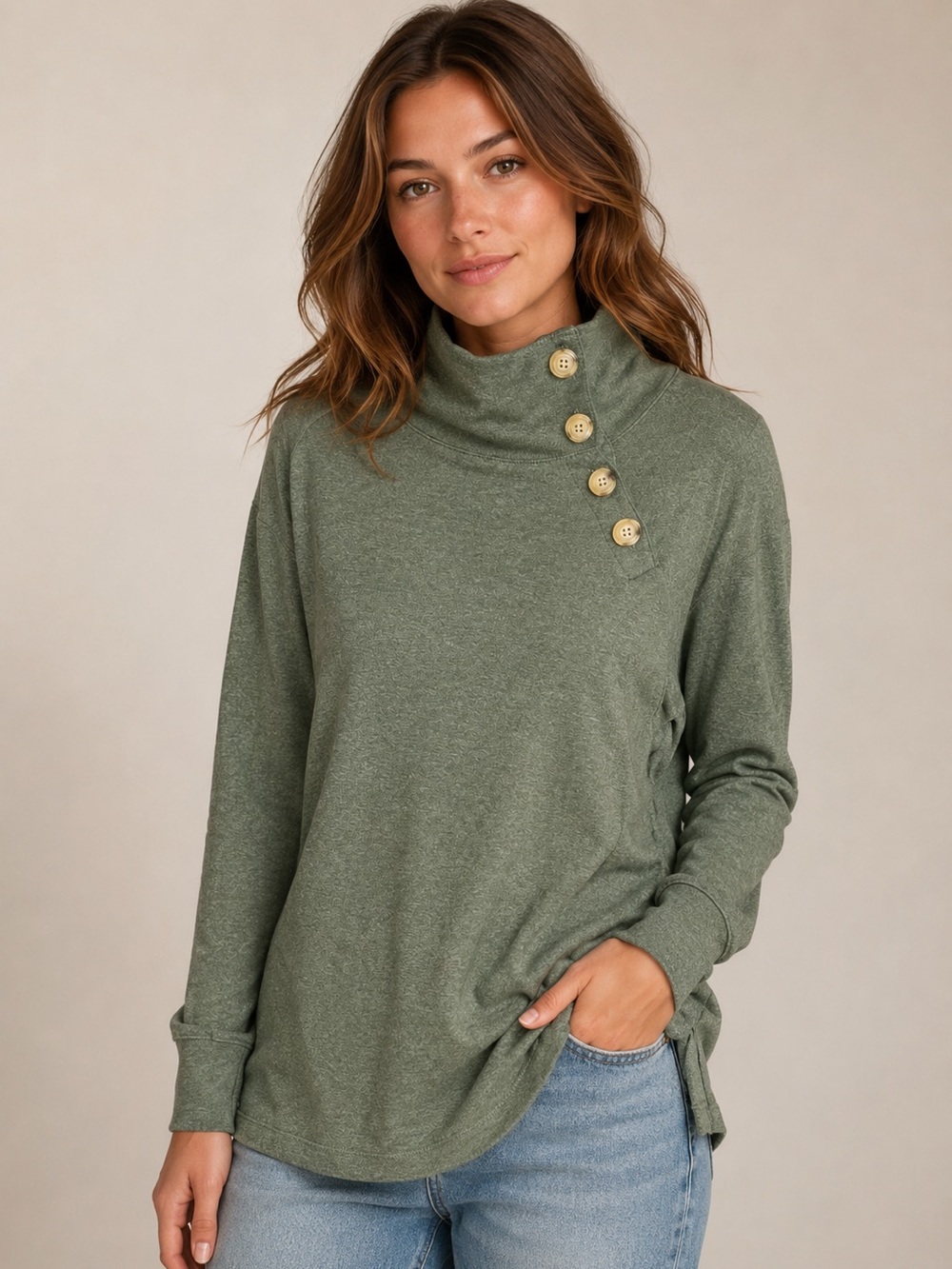 J. Crew Olive Green Fleece Wide Collar Button Tunic Sweatshirt